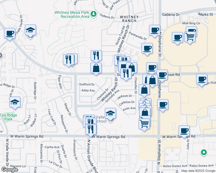 map of restaurants, bars, coffee shops, grocery stores, and more near 557 Chelsea Drive in Henderson