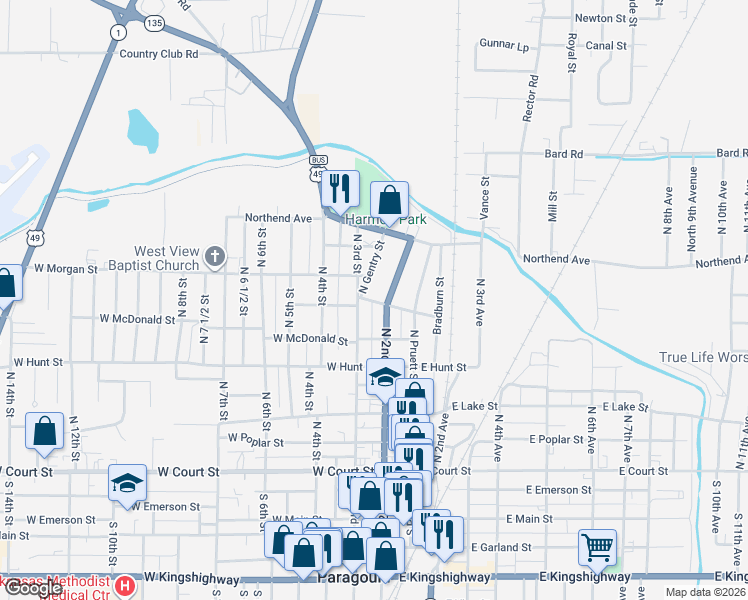 map of restaurants, bars, coffee shops, grocery stores, and more near 616 North 2nd Street in Paragould