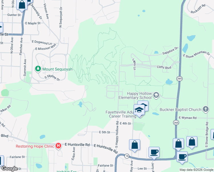 map of restaurants, bars, coffee shops, grocery stores, and more near 1500 East Paddock Road in Fayetteville
