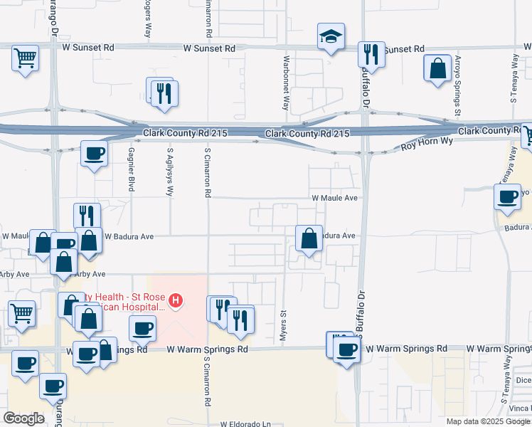map of restaurants, bars, coffee shops, grocery stores, and more near 8000 West Badura Avenue in Las Vegas