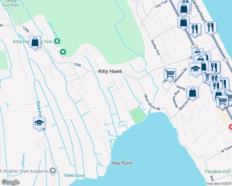 map of restaurants, bars, coffee shops, grocery stores, and more near 3856 Elijah Baum Drive in Kitty Hawk
