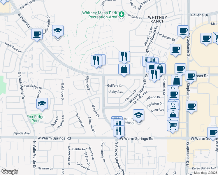 map of restaurants, bars, coffee shops, grocery stores, and more near 1627 Guilford Drive in Henderson