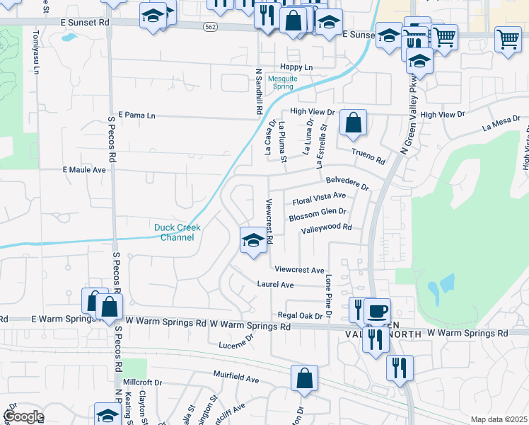 map of restaurants, bars, coffee shops, grocery stores, and more near 10 Pheasant Ridge Circle in Henderson