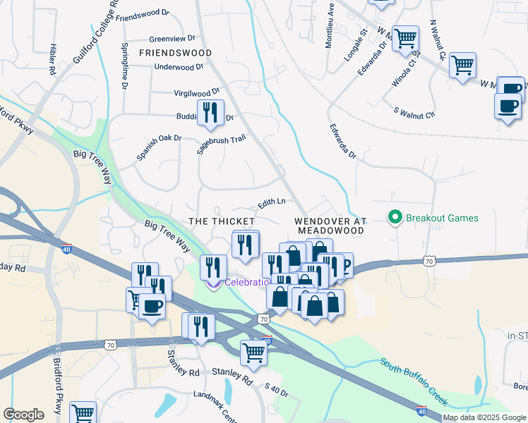 map of restaurants, bars, coffee shops, grocery stores, and more near 4223 Edith Lane in Greensboro