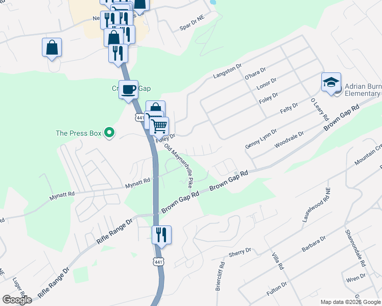 map of restaurants, bars, coffee shops, grocery stores, and more near 6504 Old Maynardville Pike in Knoxville
