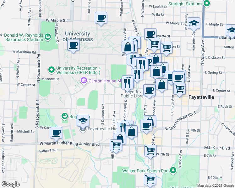 map of restaurants, bars, coffee shops, grocery stores, and more near in Fayetteville