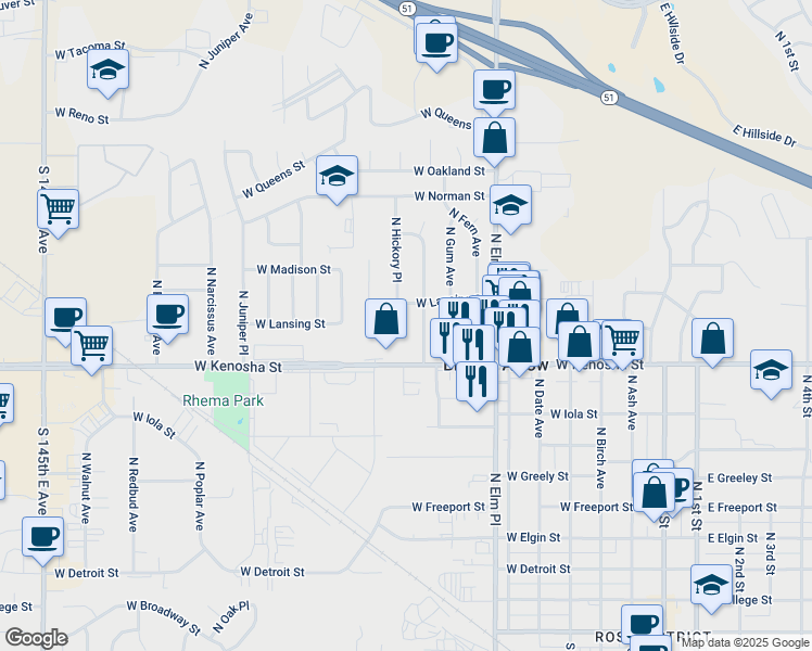 map of restaurants, bars, coffee shops, grocery stores, and more near 1008 North Hickory Avenue in Broken Arrow
