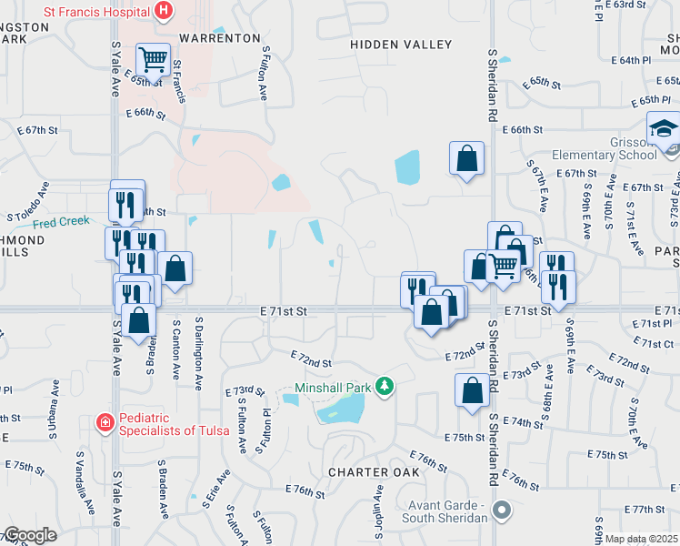 map of restaurants, bars, coffee shops, grocery stores, and more near 7025 South Joplin Avenue in Tulsa