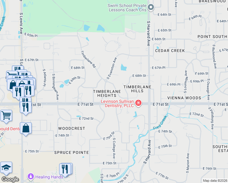 map of restaurants, bars, coffee shops, grocery stores, and more near 2978 East 69th Street in Tulsa