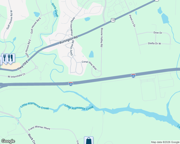 map of restaurants, bars, coffee shops, grocery stores, and more near 947 Boone Valley Road in Whitsett