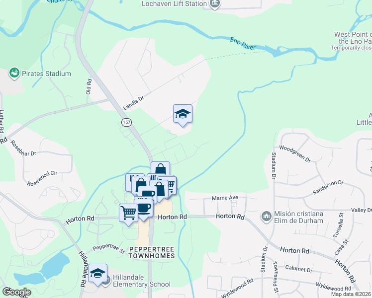 map of restaurants, bars, coffee shops, grocery stores, and more near 1216 Nicklaus Drive in Durham