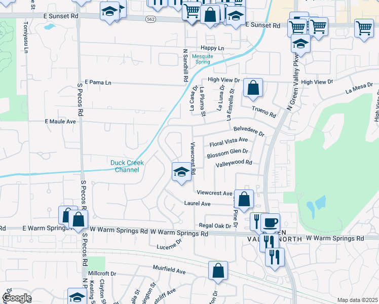 map of restaurants, bars, coffee shops, grocery stores, and more near 10 Pheasant Ridge Circle in Henderson