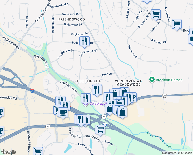 map of restaurants, bars, coffee shops, grocery stores, and more near 4228 Edith Lane in Greensboro