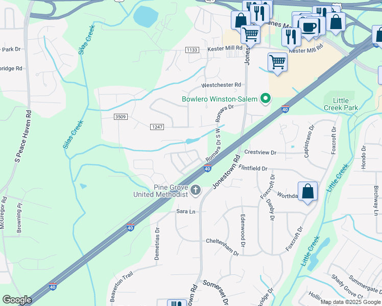 map of restaurants, bars, coffee shops, grocery stores, and more near 4987 Wyngate Village Drive in Winston-Salem
