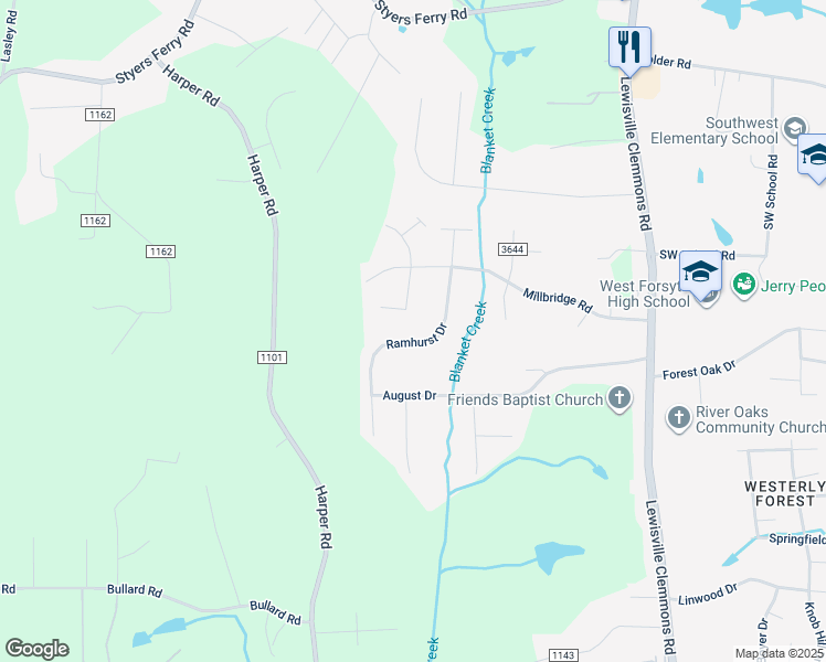 map of restaurants, bars, coffee shops, grocery stores, and more near 1770 Ramhurst Drive in Clemmons