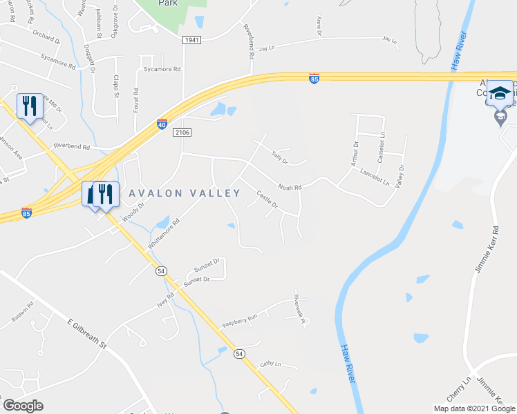 map of restaurants, bars, coffee shops, grocery stores, and more near 406 Cadbury Court in Graham