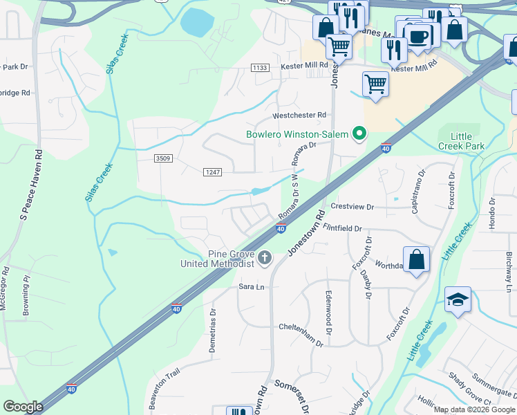 map of restaurants, bars, coffee shops, grocery stores, and more near 4917 Ampthill Lane in Winston-Salem