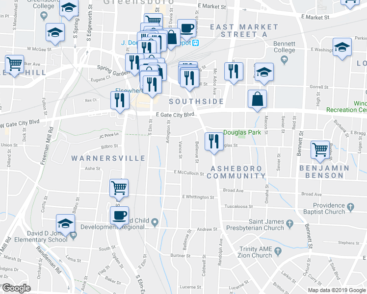 map of restaurants, bars, coffee shops, grocery stores, and more near 809 Vance Street in Greensboro