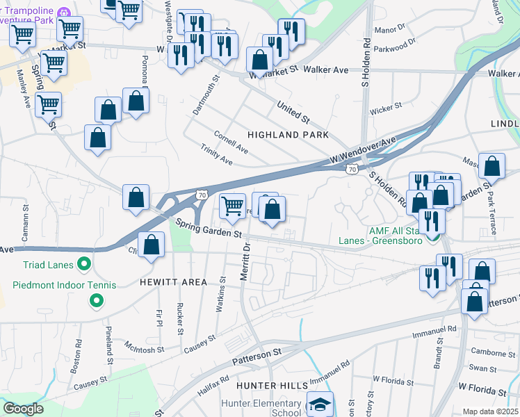 map of restaurants, bars, coffee shops, grocery stores, and more near 3612 Brevard Street in Greensboro