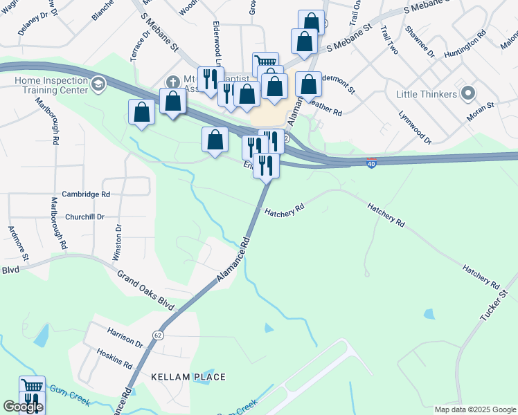 map of restaurants, bars, coffee shops, grocery stores, and more near Alamance Road in Burlington