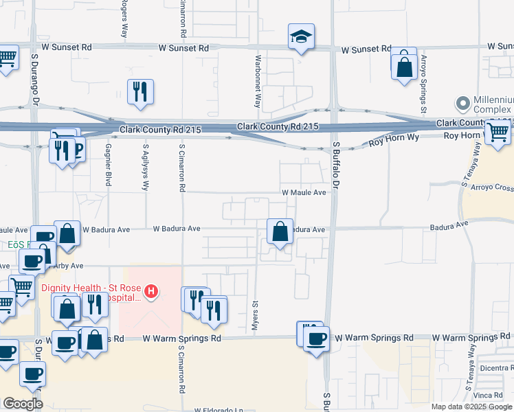 map of restaurants, bars, coffee shops, grocery stores, and more near 8000 West Badura Avenue in Las Vegas