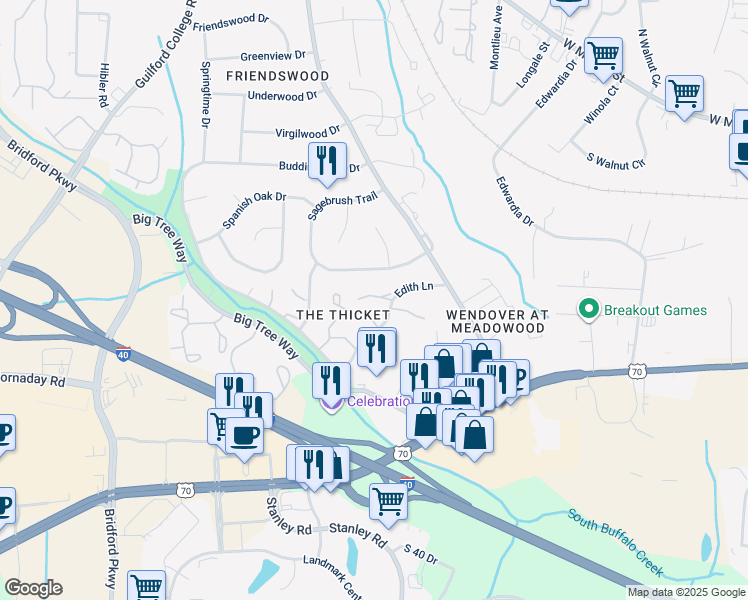 map of restaurants, bars, coffee shops, grocery stores, and more near 4228 Edith Lane in Greensboro