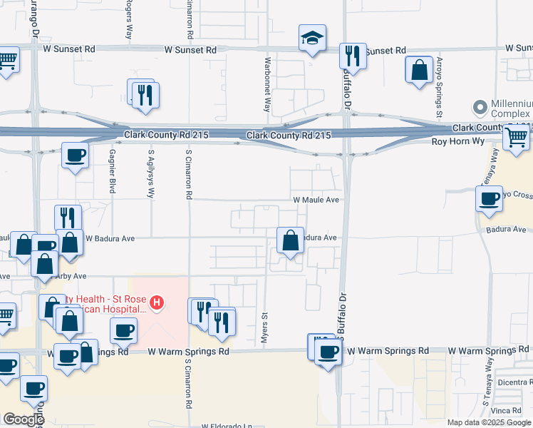 map of restaurants, bars, coffee shops, grocery stores, and more near 8000 West Badura Avenue in Las Vegas