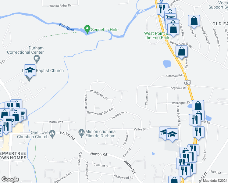 map of restaurants, bars, coffee shops, grocery stores, and more near 811 Woodside Park Lane in Durham