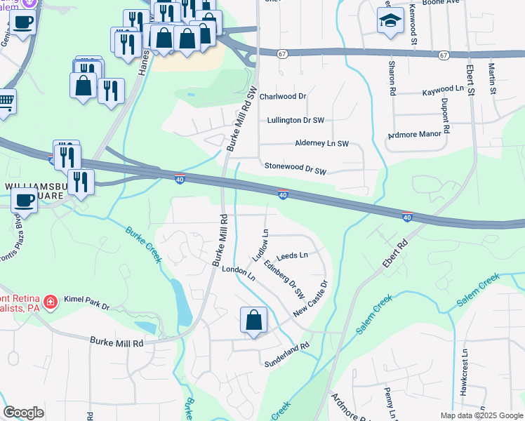 map of restaurants, bars, coffee shops, grocery stores, and more near 2901 Woodworth Drive in Winston-Salem