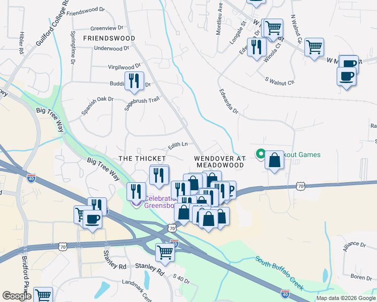 map of restaurants, bars, coffee shops, grocery stores, and more near 810 Meadowood Street in Greensboro