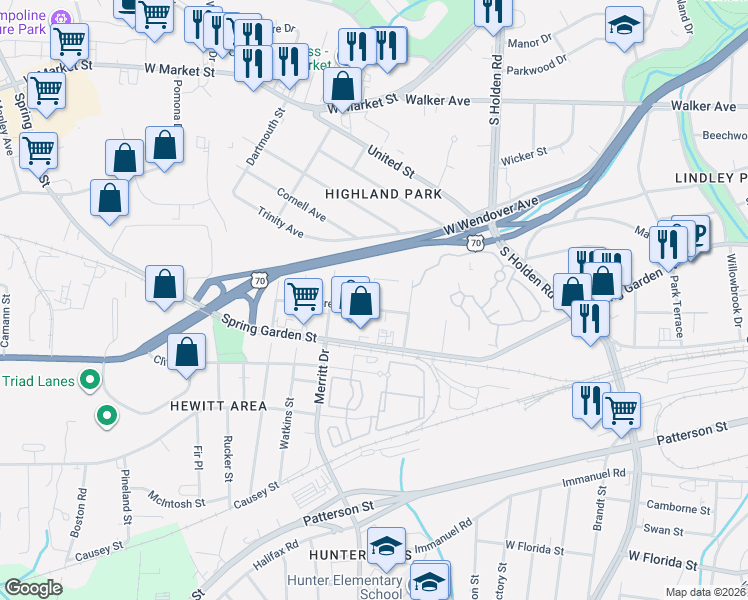 map of restaurants, bars, coffee shops, grocery stores, and more near 3511 Clymer Street in Greensboro