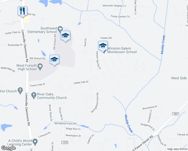 map of restaurants, bars, coffee shops, grocery stores, and more near 145 Valleyoak Court in Clemmons