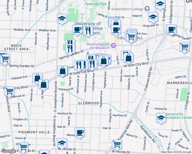 map of restaurants, bars, coffee shops, grocery stores, and more near 1029 West Lee Street in Greensboro