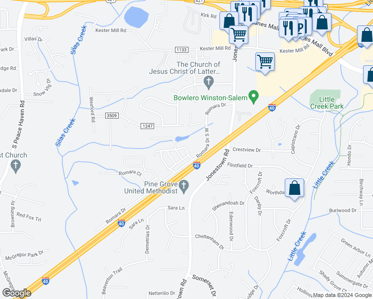 map of restaurants, bars, coffee shops, grocery stores, and more near 4904 Wyngate Village Drive in Winston-Salem