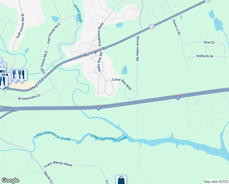 map of restaurants, bars, coffee shops, grocery stores, and more near 1236 Glory Vine Road in Whitsett