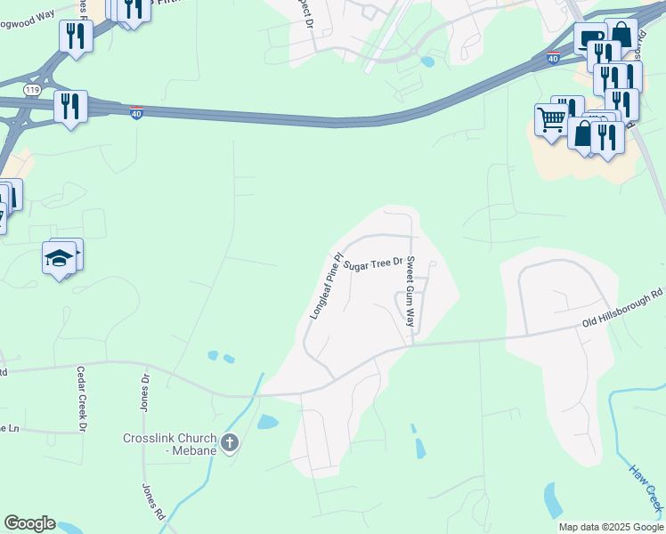 map of restaurants, bars, coffee shops, grocery stores, and more near 850 Longleaf Pine Place in Mebane