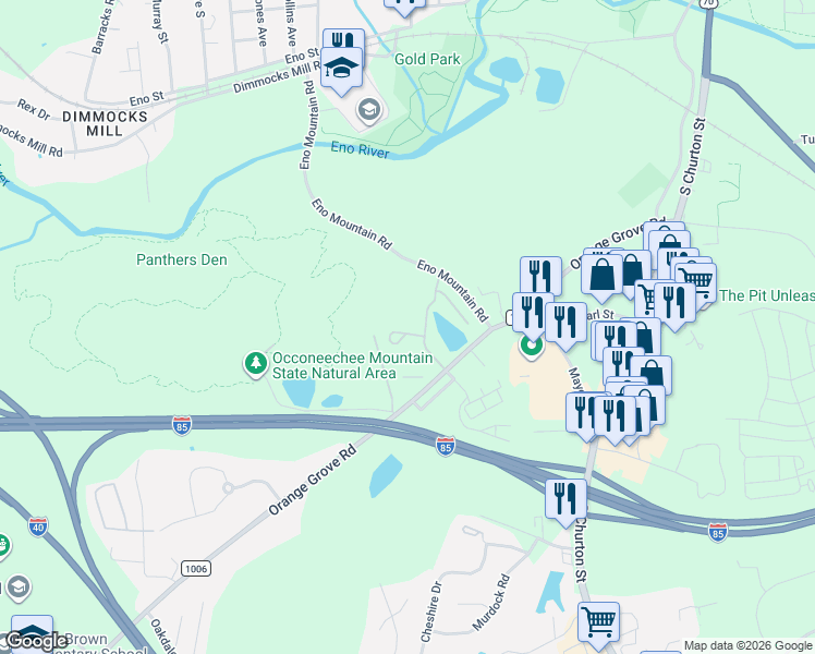 map of restaurants, bars, coffee shops, grocery stores, and more near 504 Eno Mountain Road in Hillsborough