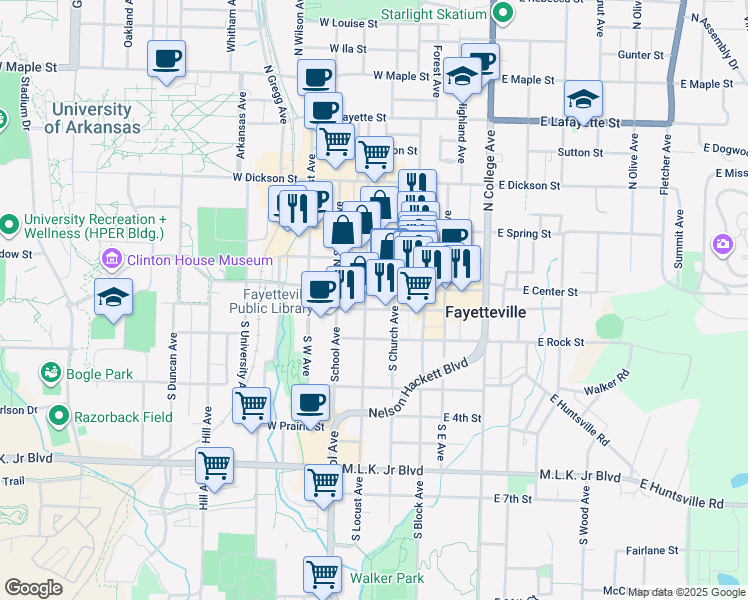 map of restaurants, bars, coffee shops, grocery stores, and more near 207 West Center Street in Fayetteville