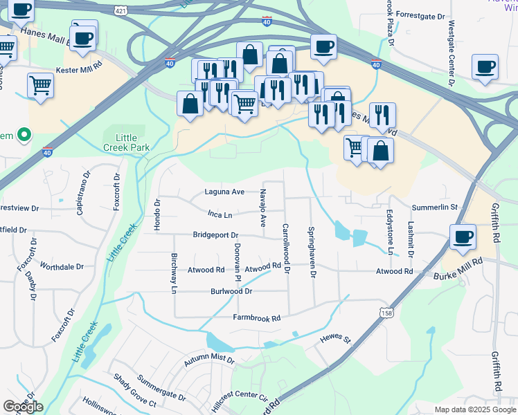 map of restaurants, bars, coffee shops, grocery stores, and more near 2898 Navajo Avenue in Winston-Salem