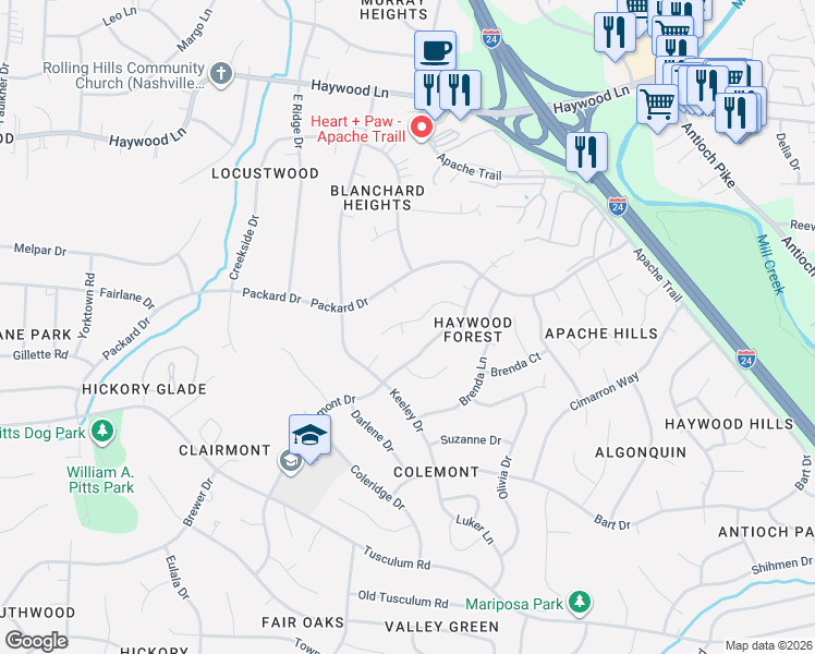 map of restaurants, bars, coffee shops, grocery stores, and more near 4829 Gillespie Drive in Nashville