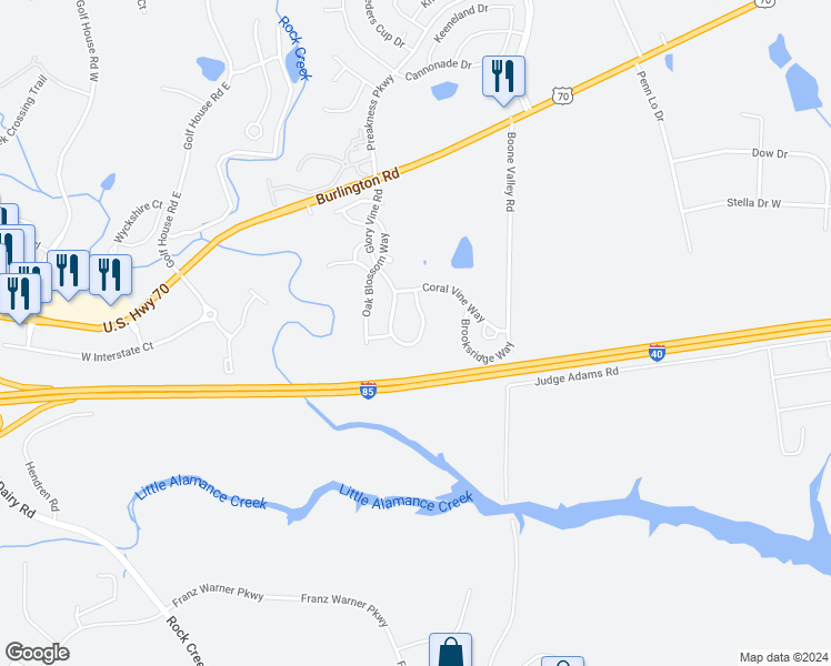 map of restaurants, bars, coffee shops, grocery stores, and more near 1239 Glory Vine Road in Whitsett