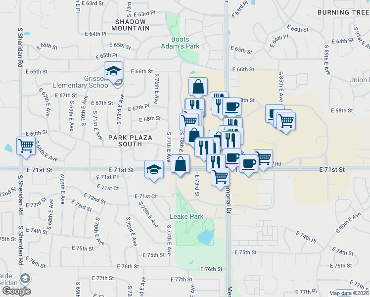 map of restaurants, bars, coffee shops, grocery stores, and more near 6919 South 78th East Avenue in Tulsa