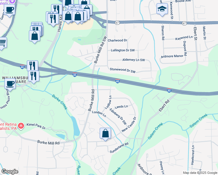 map of restaurants, bars, coffee shops, grocery stores, and more near 2901 Woodworth Drive in Winston-Salem