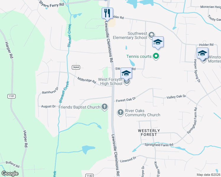 map of restaurants, bars, coffee shops, grocery stores, and more near 1729 Lewisville Clemmons Road in Cl