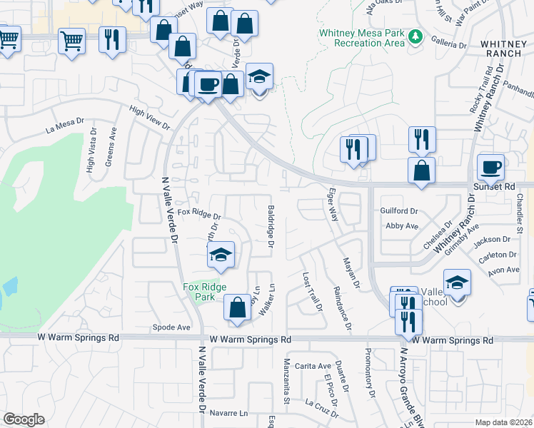 map of restaurants, bars, coffee shops, grocery stores, and more near 551 Baldridge Drive in Henderson