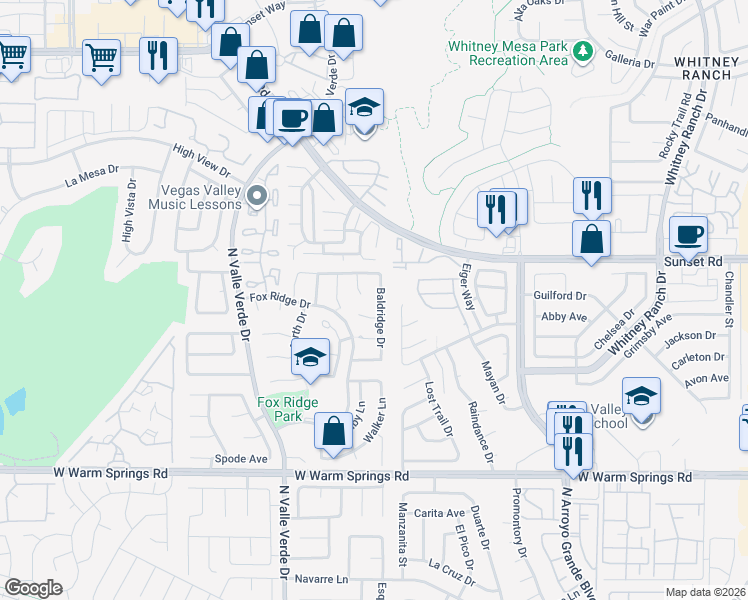 map of restaurants, bars, coffee shops, grocery stores, and more near 551 Baldridge Drive in Henderson