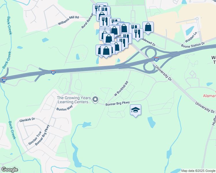 map of restaurants, bars, coffee shops, grocery stores, and more near 3860 Danbrook Road in Burlington