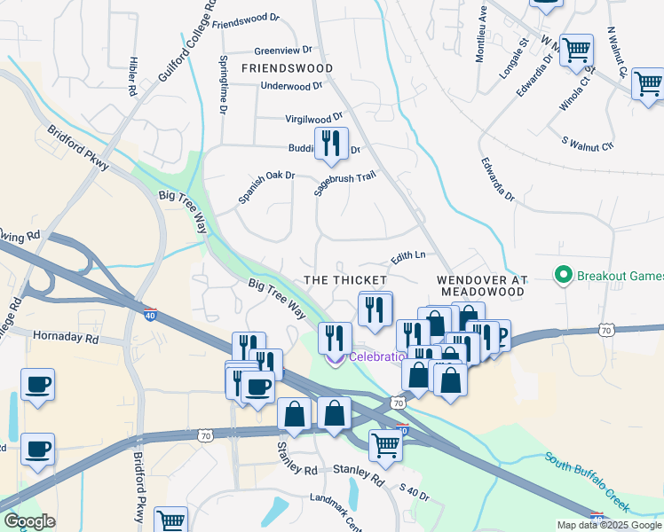 map of restaurants, bars, coffee shops, grocery stores, and more near 5719 Wildberry Drive in Greensboro