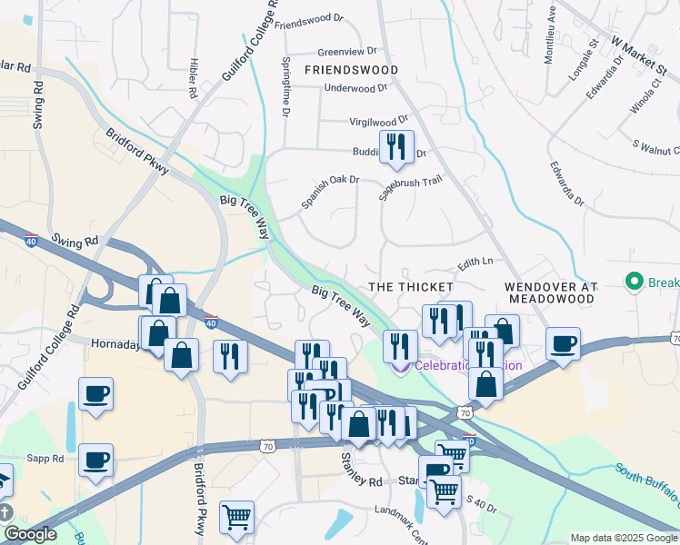 map of restaurants, bars, coffee shops, grocery stores, and more near 5826 Stoney Glen Loop in Greensboro
