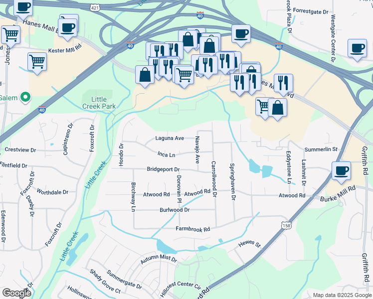 map of restaurants, bars, coffee shops, grocery stores, and more near 2713 Inca Lane in Winston-Salem